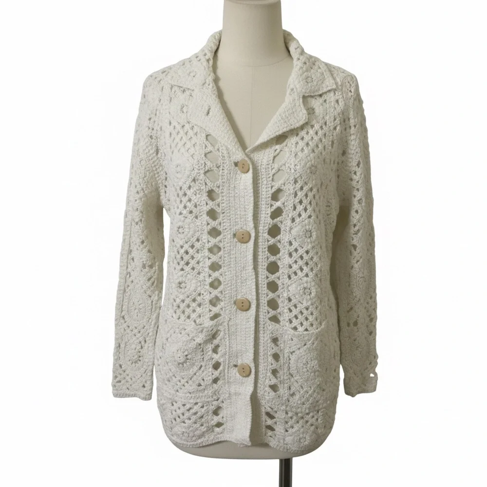 AZ Boho Crochet Knit Cardigan – Cream Ivory Open Weave – Fits Small to Large